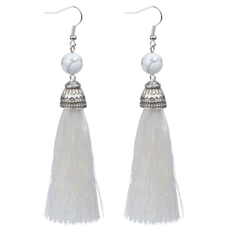 Silk White Tassel & White Turquoise Earrings - G x G Collective